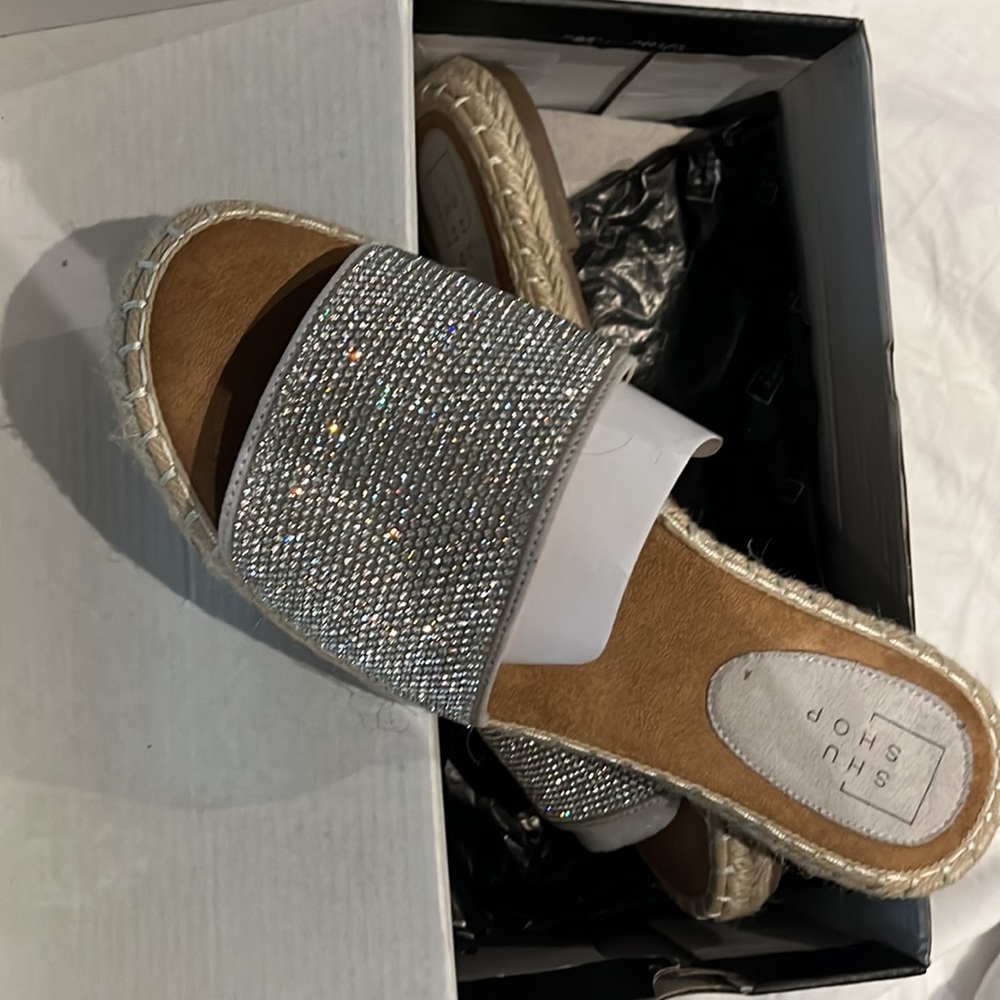 Espadrille Slide Sandals with Crystal Embellishments NIB NWT